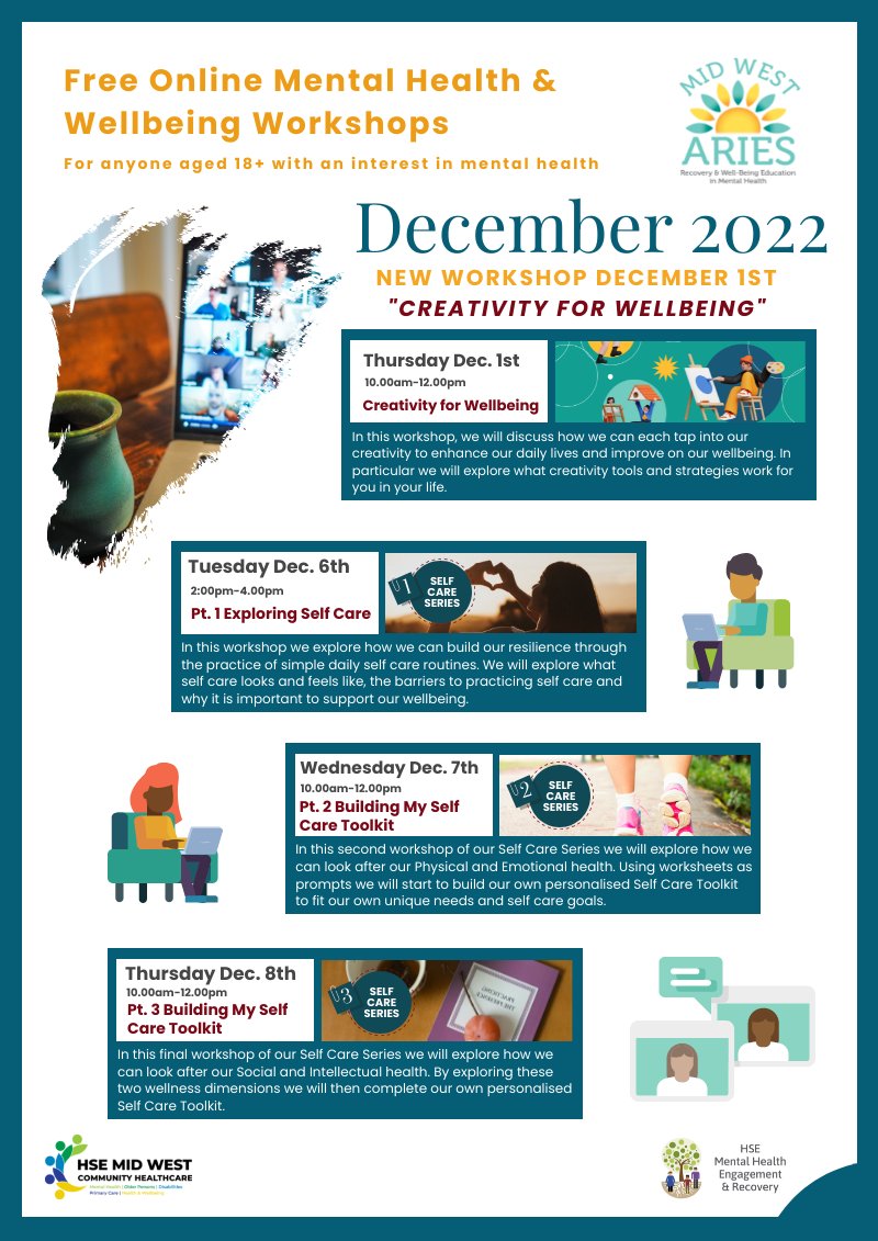 MidWestAries's tweet photo. Join us in December for a range of mental health &amp; #wellbeing workshops online. Tomorrow we're excited to deliver our brand new "Creativity for Wellbeing" workshop. Book at https://t.co/vNizxYU24U @CommHealthMW https://t.co/EERjQINkjD