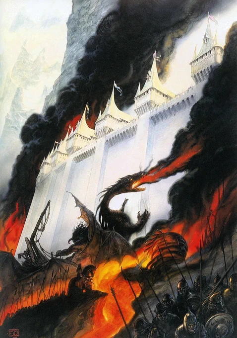 Un ejercito de Balrogs y dragones toman el reino élfico de Gondolin.John Howe 