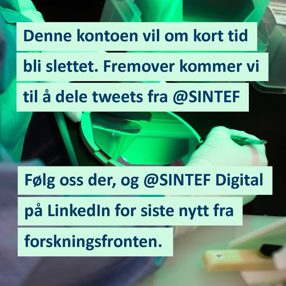 Husk å følge oss videre på @SINTEF her på Twitter eller SINTEF Digital og SINTEF på LinkedIn, hvis du vil ha siste nytt om #forskning på #digitalisering, #teknologi og #helse.