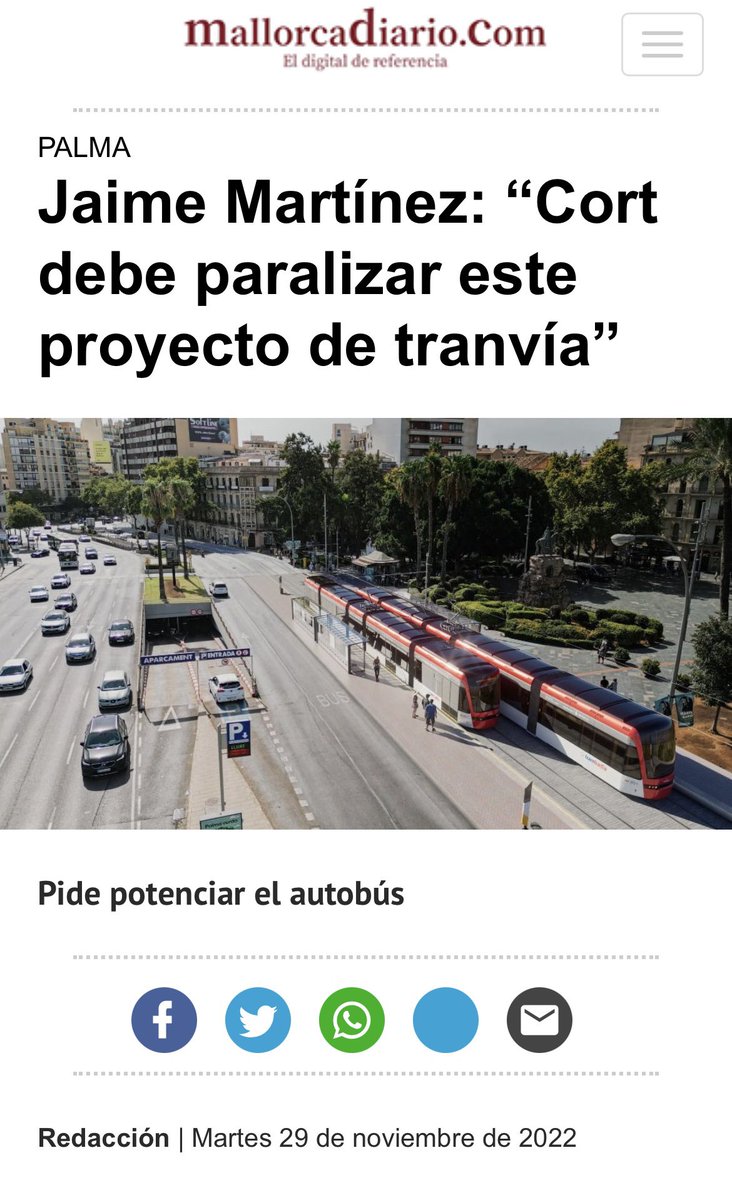El PP de #Palma és el partit del NO:

❌No a Nuredduna.
❌No al Pla de Mobilitat.
❌No a la reforma del Passeig Maritim.
❌I ara,no al #Trambadia.

La crisi climàtica és una realitat i hem d’actuar i seguir avançant‼️💪

➡️ Acompanyau-me en aquesta trista història…