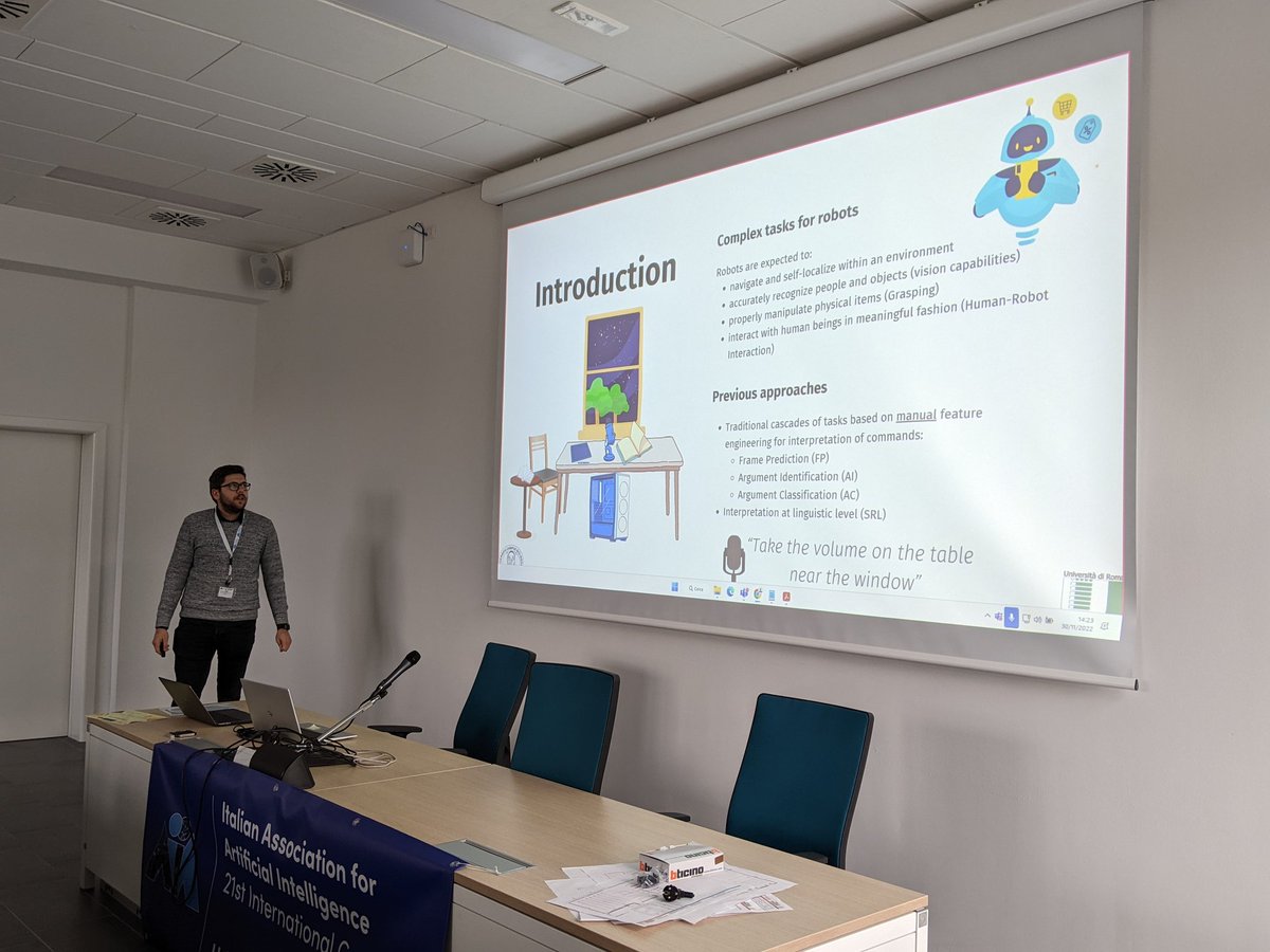 NL4AI's tweet photo. Claudiu Daniel Hromei presenting the second best paper “Grounding end-to-end Architectures for Semantic Role Labeling in Human Robot Interaction”
#NL4AI #NLProc https://t.co/DZjtmT7usc