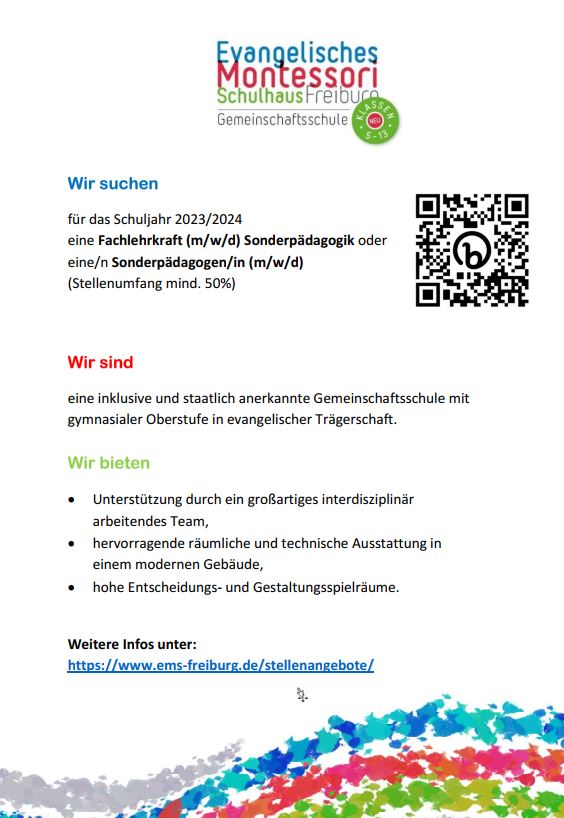 Liebes #twlz wir suchen für das Schuljahr 23/24 Verstärkung für unser Team der #Sonderpädagogik an #GMS mit Oberstufe in Freiburg. #TollesTeam #sopaed #Montessori #Inklusion 🙂 ems-freiburg.de/stellenangebot… @OBNFreiburg @GemSchLeben