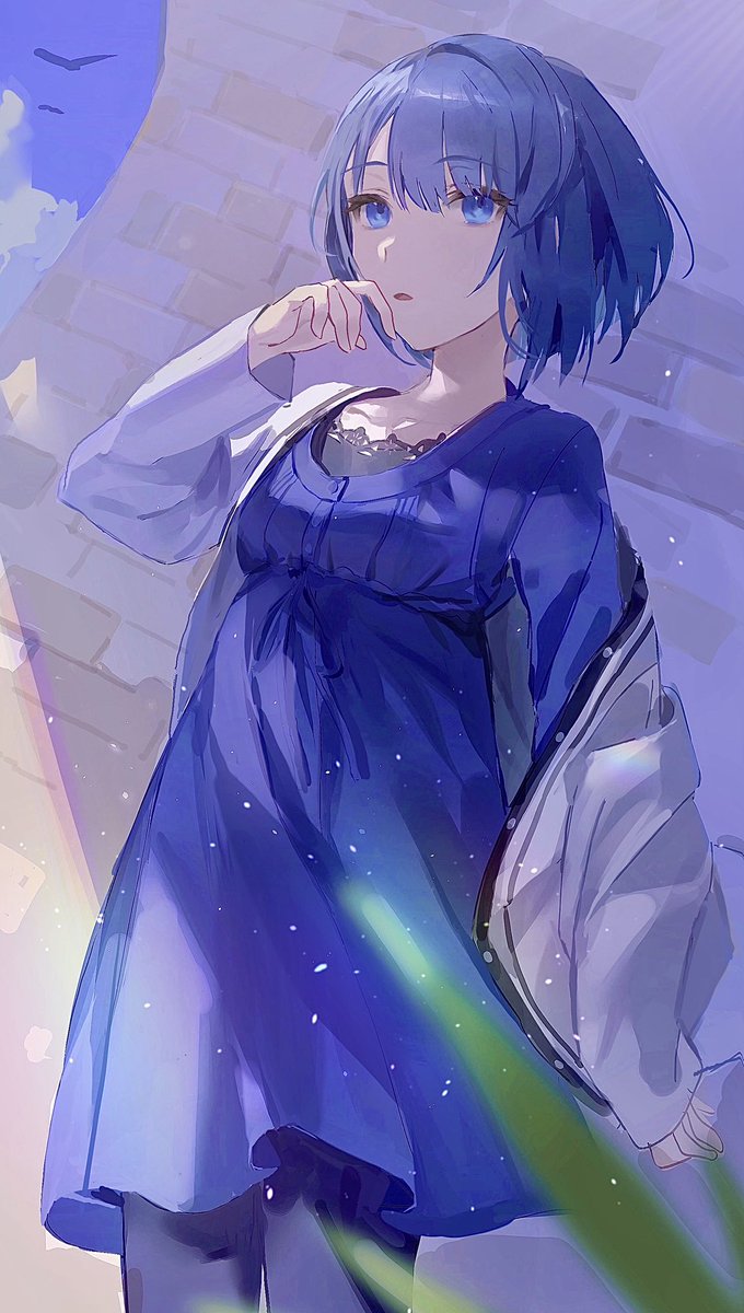 1girl blue eyes solo blue hair dress short hair jacket  illustration images