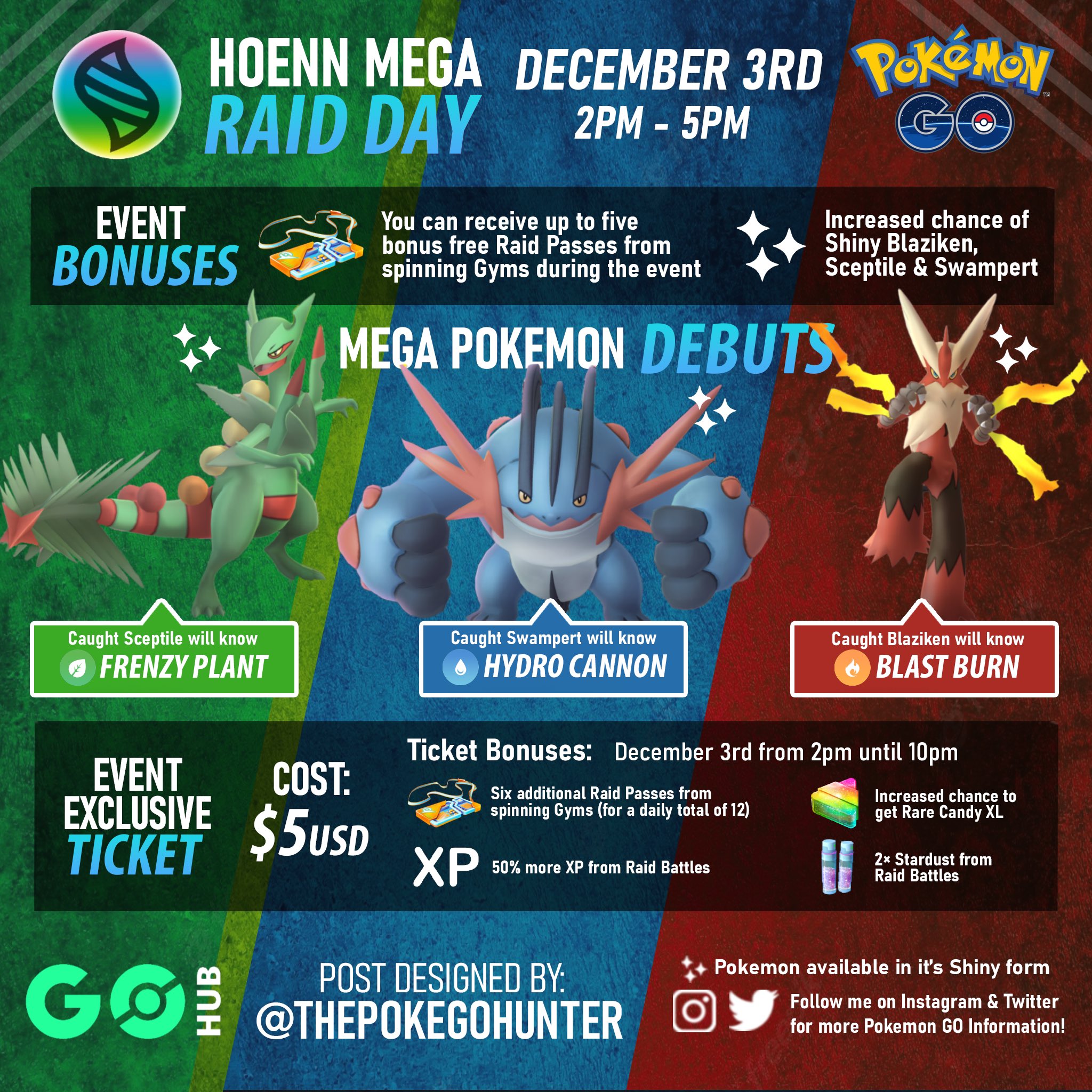 Jogada Excelente on X: Pokémon GO: O Dia de Megarreides de Hoenn contará  com o lançamento das Megaevoluções de Sceptile, Blaziken e Swampert. O  evento é gratuito para todos Treinadores, mas você