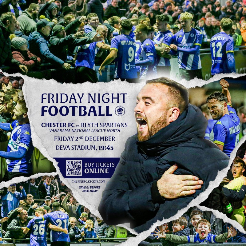 ChesterFC's tweet photo. 𝗙𝗿𝗶𝗱𝗮𝘆 𝗡𝗶𝗴𝗵𝘁 𝗙𝗼𝗼𝘁𝗯𝗮𝗹𝗹 🤩

👊Affordable admission for all
🧑‍🎓Fiver on the Terrace for students
💙 Free tickets for girls teams

#OurClub 🔵⚪️ #CFCBLY