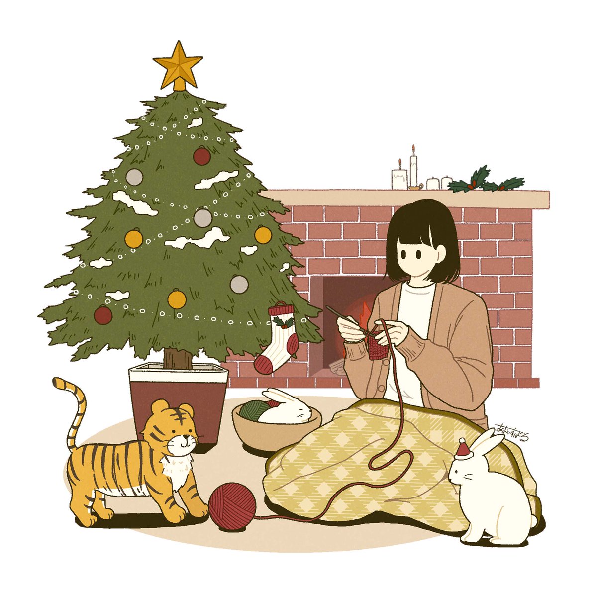 1girl christmas tree fireplace solo black hair yarn yarn ball  illustration images