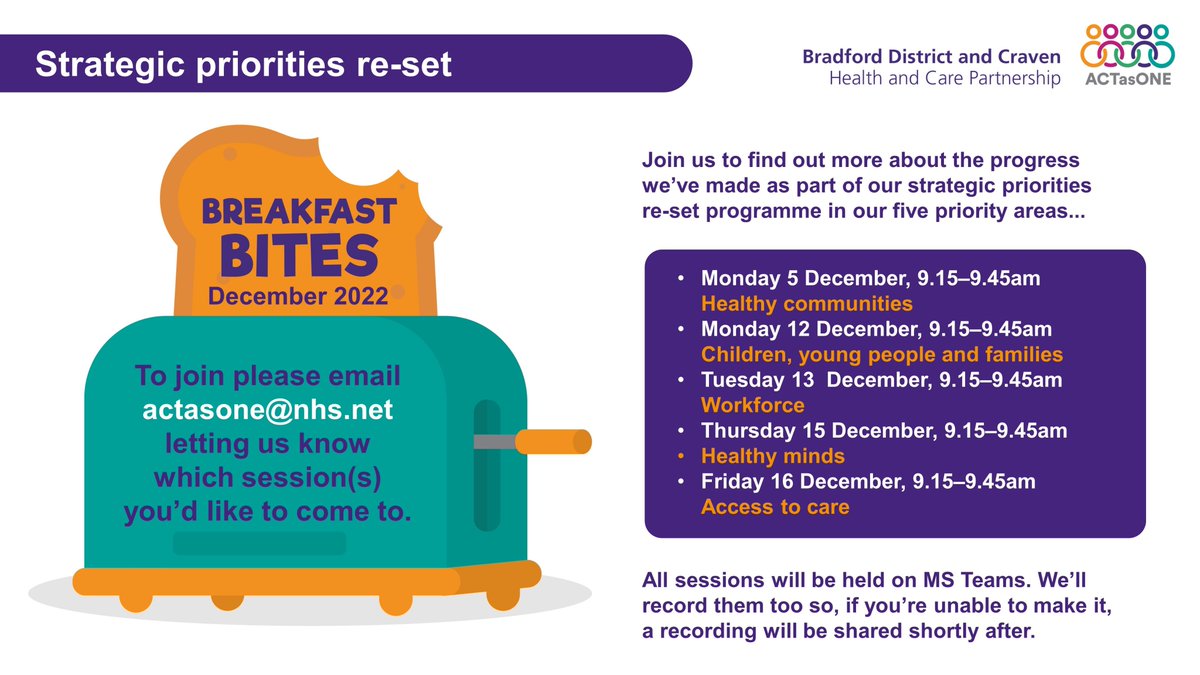 RT @ActAsOneBDC: If you work in health and care across the Bradford District and Craven Health & Care Partnership please do come along to our breakfast bites. 

You will find out more about the progress on our strategic priorities as part of our re-set programme. #

All details are in the image.