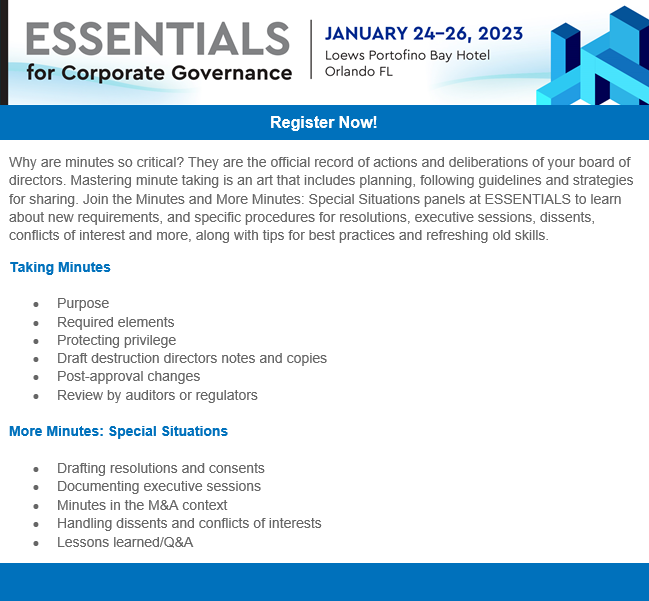 Minutes, Minutes, and More Minutes at 2023 Essentials | Jan 24- 26 | Orlando, FL. Register today at societycorpgov.org/events/essenti…. #Essentials4CorpGov #corpgov #boardgoverance