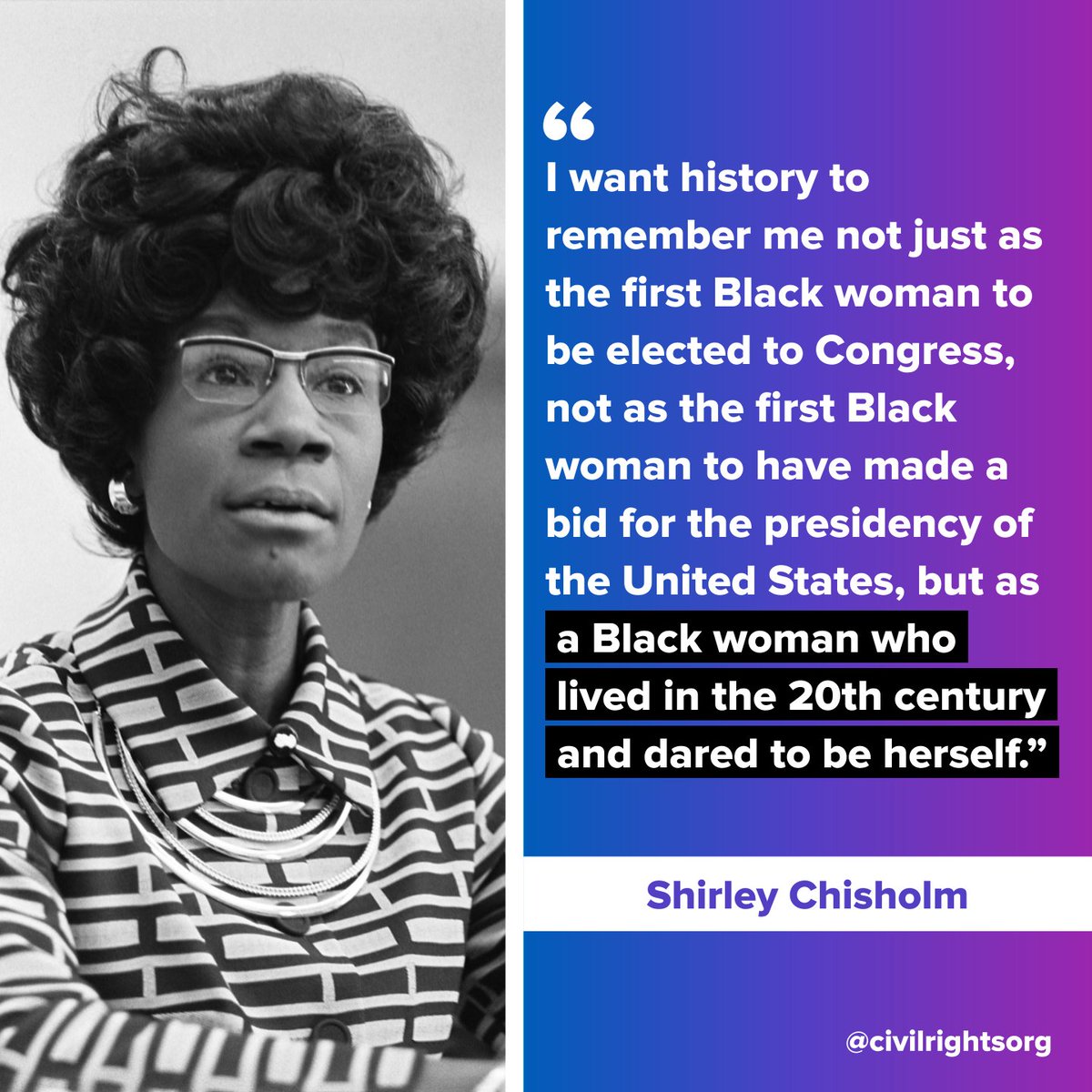 civilrightsorg's tweet photo. Happy birthday, Shirley Chisholm 💜 https://t.co/ObId3GeC3P