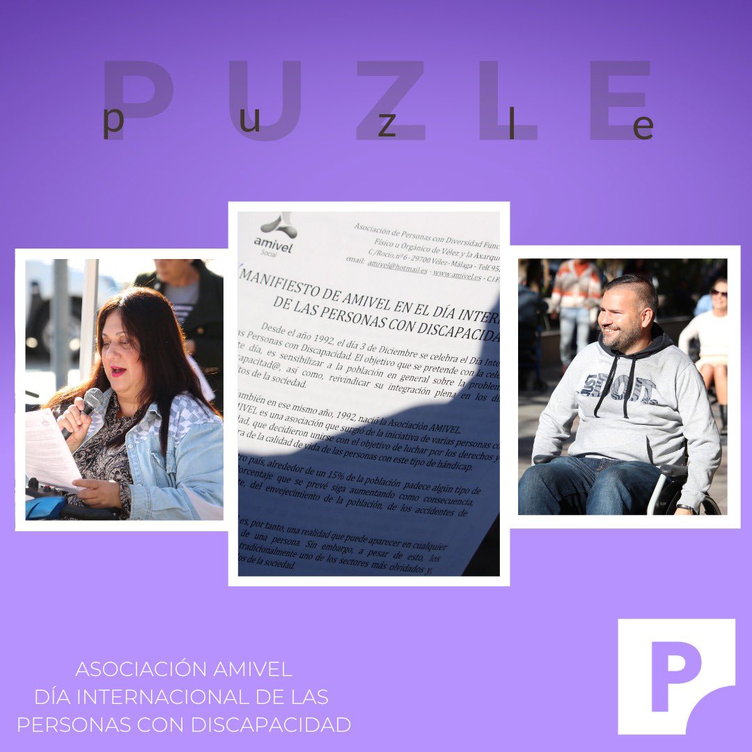 PuzleCM's tweet photo. Ayer estuvimos #PuzleCM 🧩 en Torre del Mar junto a la @AMIVELAsociaci para conmemorar el Día Internacional de las personas con discapacidad, que se celebra el próximo sábado 3 de diciembre.

¡Integración y visibilidad para todos!

#PuzleCM #ComunicacionMalaga #PuzleComunicacion https://t.co/APvahzcl2P