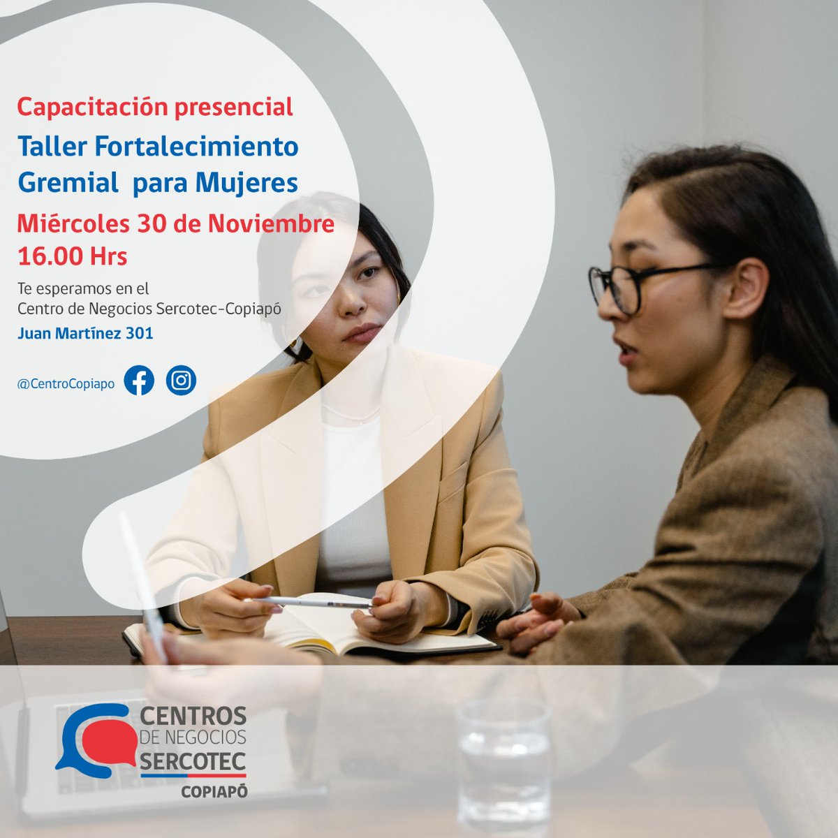 de_copiapo's tweet photo. Hoy no te lo pierdas. Capacitación Presencial: Taller de Fortalecimiento Gremial para Mujeres 👩👱‍♀️

16:00 horas, en Juan Martínez 301, en Centro de Negocios Sercotec Copiapó https://t.co/KrhoGGY9Ah