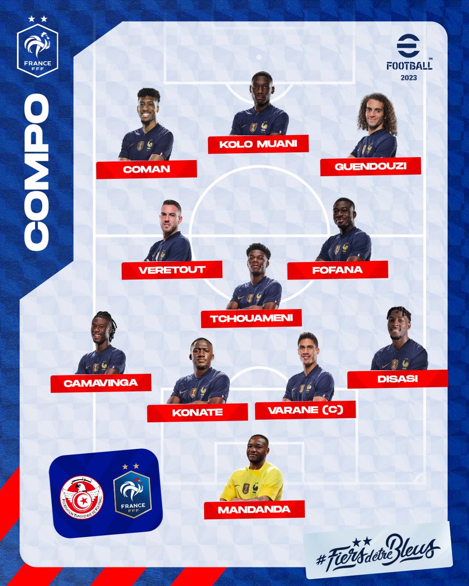 equipedefrance's tweet photo. La composition de départ pour notre dernier match de poule 👊

🇹🇳-🇫🇷 à 16h00 sur TF1 📺

#TUNFRA | #FiersdetreBleus https://t.co/G0R8ZVdr9N