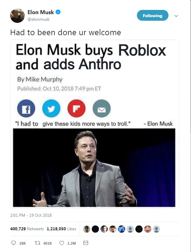 Ninja50Fan's tweet photo. Elon Musk just bought Roblox 
Your 3rd emoji is your reaction https://t.co/zbiU1SrkIC