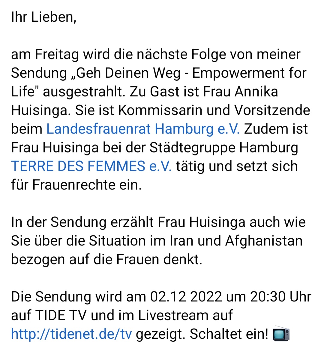 Neue Folge! 🙌 Zu Gast ist Frau Annika Huisinga. Sie ist Kommissarin und Vorsitzende beim @lfrhamburg und ist bei @TDFeV Hamburg tätig. Die Sendung wird am 02.12 2022 um 20:30 Uhr auf TIDE TV und im Livestream auf tidenet.de/tv gezeigt. <a href="/TIDE_HH/">TIDE-Hamburgs Bürger:innensender+Ausbildungskanal</a> Schaltet ein! 📺 Mehr👇