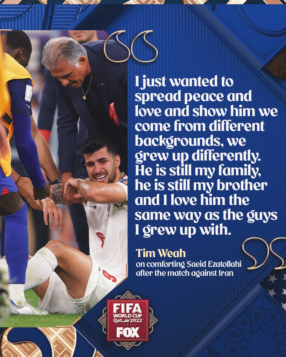 'He is still my family, he is still my brother.' ❤️ Tim Weah on sharing an emotional moment with Iran's Saeid Ezatolahi following Tuesday's match