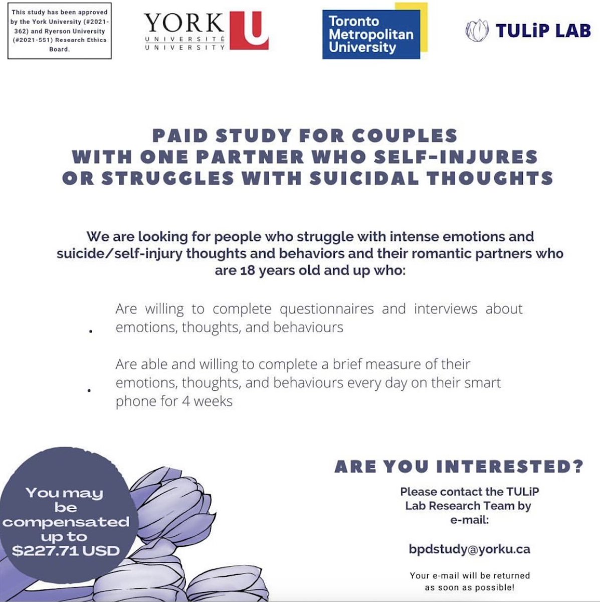 tuliplabyork's tweet image. Research Study Opportunity: Currently recruiting couples in North America where one member is struggling with intense emotions! Learn more at tuliplab.ca/feeling-connec…