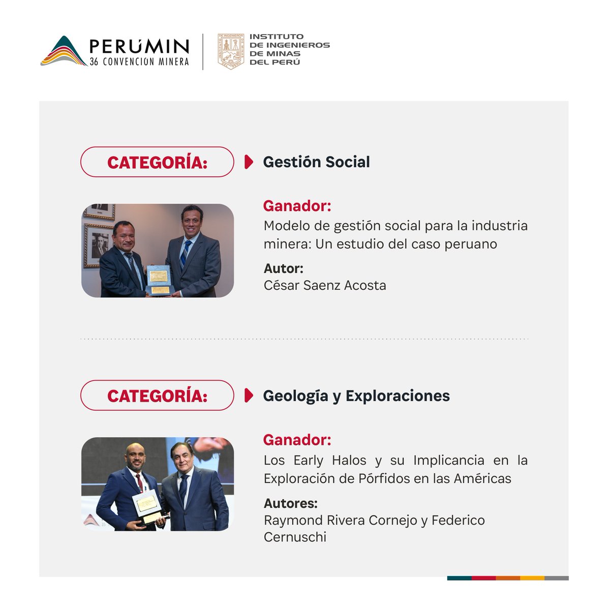 PeruminOficial's tweet photo. #PERUMIN35 | ¡Conoce a los ganadores del Foro TIS!
Durante la trigésima quinta edición de la Convención Minera, el Foro de Tecnología, Innovación, y Sostenibilidad premió a los ganadores de sus 8 categorías.
Entérate quiénes fueron los ganadores aquí 👇:
#PERUMIN #IIMP https://t.co/utdAEAK2Mg