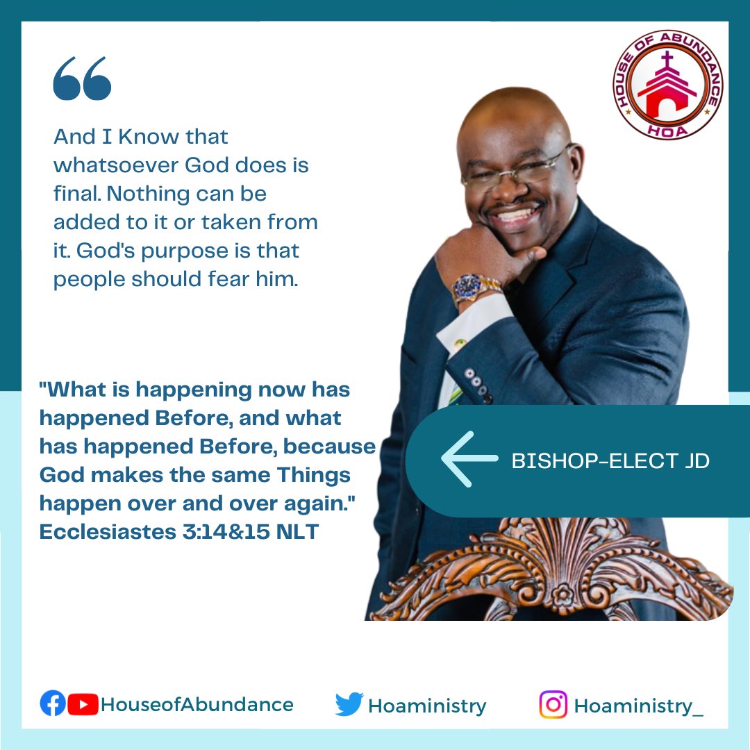 hoachurchtx's tweet photo. And I Know that whatsoever God does is final. Nothing can be added to it or taken from it. God's purpose is that people should fear him.

#HouseofAbundance
#PastorJD https://t.co/8pSAO2GMkq