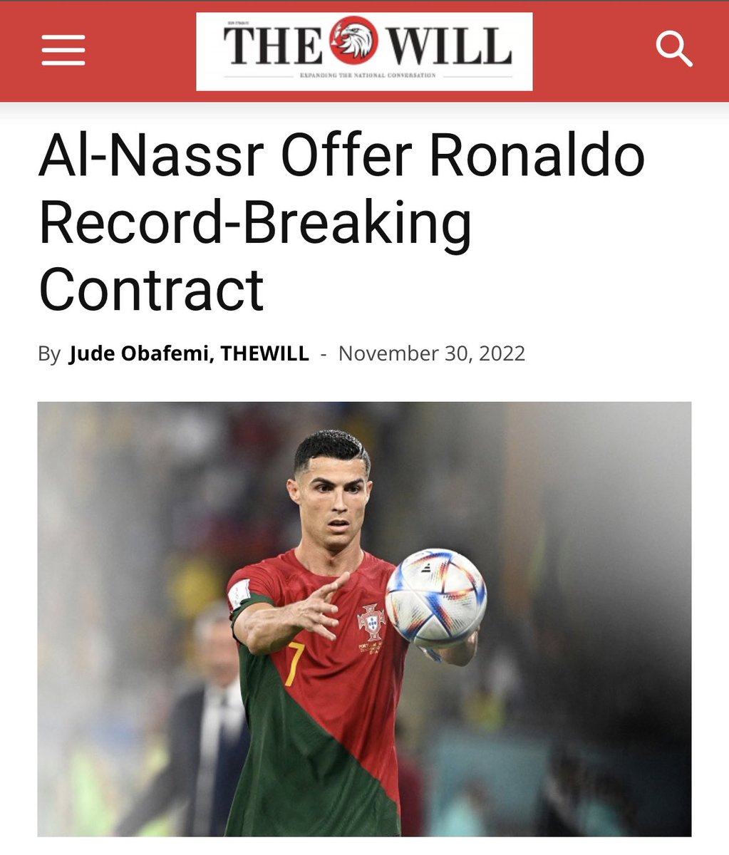 Eyaaaad's tweet photo. أكثر خبر يتم تداوله في الصحف الرياضية العالمية هو قبول نجم كرة القدم البرتغالي رونالدو على اللعب في صفوف فريق النصر السعودي بمبلغ 173 مليون جنيه إسترليني سنوياً (780 مليون ريال) وهو على وشك التوقيع على العقد الذي ينص على اللعب في النصر لمدة سنتين ونصف. https://t.co/OHYVZejSlh