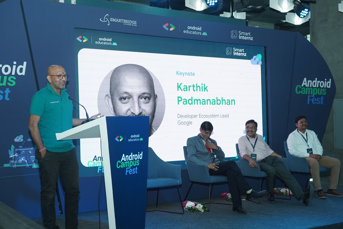 GoogleDevsIN's tweet photo. Today @karthik_padman, Manager Lead, Google along with Dr. Buddha, AICTE, Mr. Madanagopal, T-Hub, Corporate Innovation & Dr. Katkam, SmartBridge, launched Android Campus Fest at T-Hub, Hyderabad in partnership with @Smartbridge.
#GoogleDevelopers #AndroidCampusFest https://t.co/TRGfTHHOXA