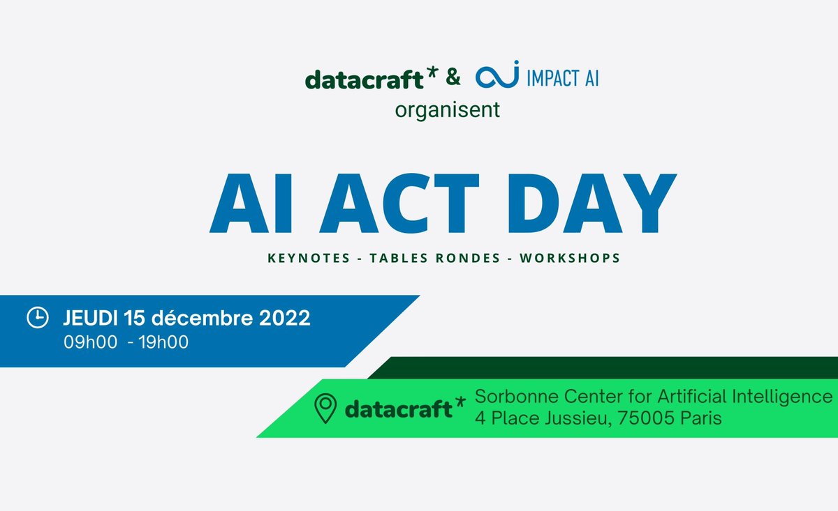 Avez-vous réservé votre place à l'évènement AI ACT DAY, le 15 décembre 2022 ? 
-> Pour participer en présentiel ou en ligne, l'inscription c'est par ici - mailchi.mp/impact-ai/invi…
#AIACTDAY #AIACT #AI
