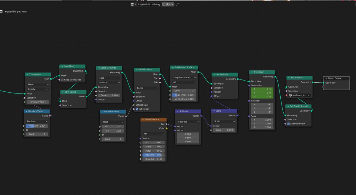gmakes3d's tweet photo. And the nodes! Used 2 bézier curves merged together as the base, and then twisted the whole thing. Probably make another version of this b/c I some ideas on how to simplify it
#Nodevember2022 #b3d #geometrynodes #3dart https://t.co/480yl1HlF1