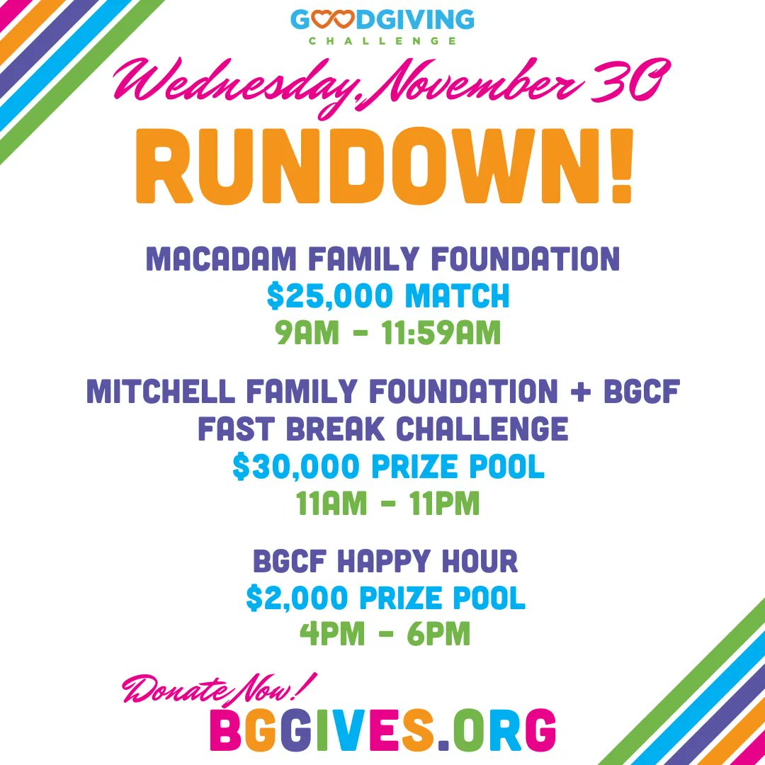 The FUNraising continues! 🎉🌈Donate to your favorite nonprofits today and your gift can be amplified by lots of match challenges! GIVE! ➡️ BGgives.org
#GoodGivingChallenge #BGgives #DoGood #JointheFUNraising