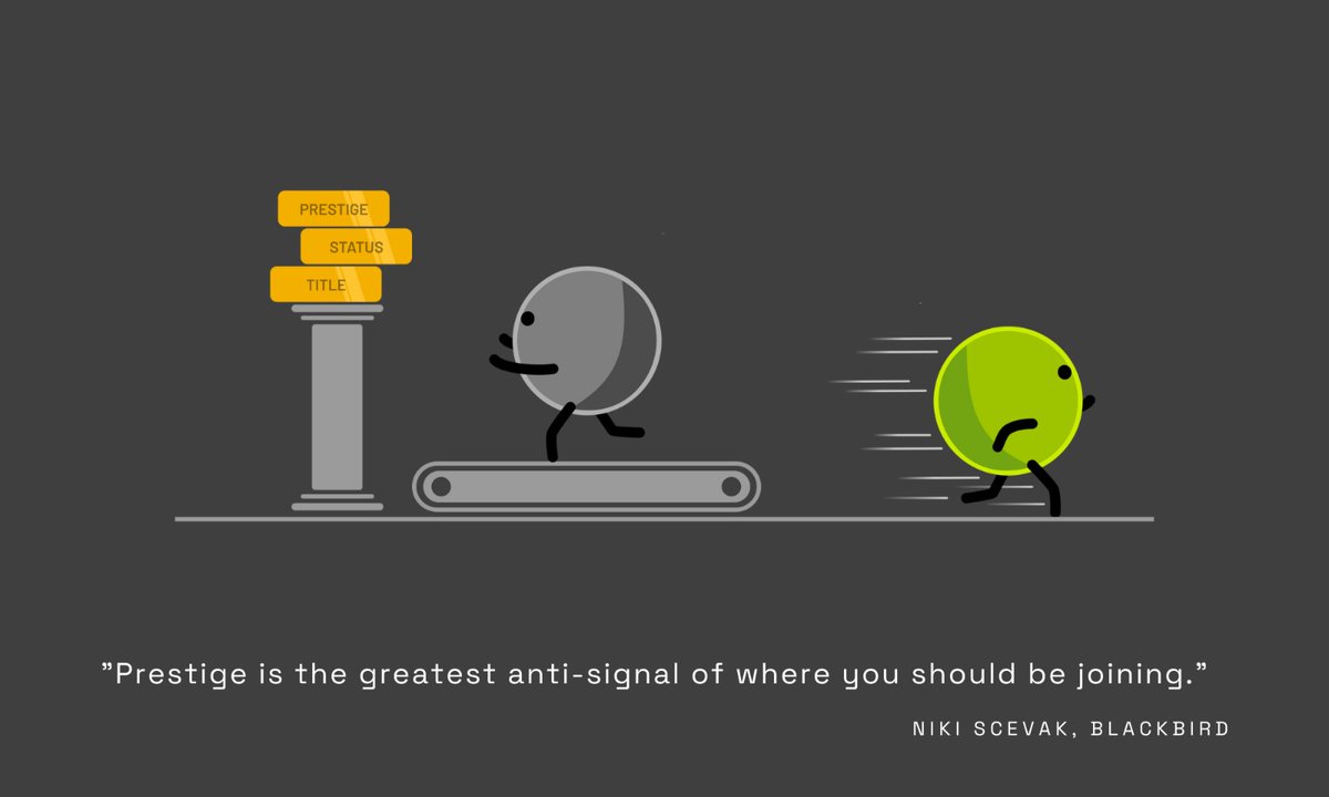 “Prestige is the greatest anti-signal of where you should be joining. You just get caught up in the rat race. It’s like a heroine addiction to status - high ATAR ➡️ top uni ➡️ prestigious business.” <a href="/nikiscevak/">Niki Scevak</a> , <a href="/blackbirdvc/">Blackbird</a> 

<a href="/startmate/">Startmate</a>  Quote #1