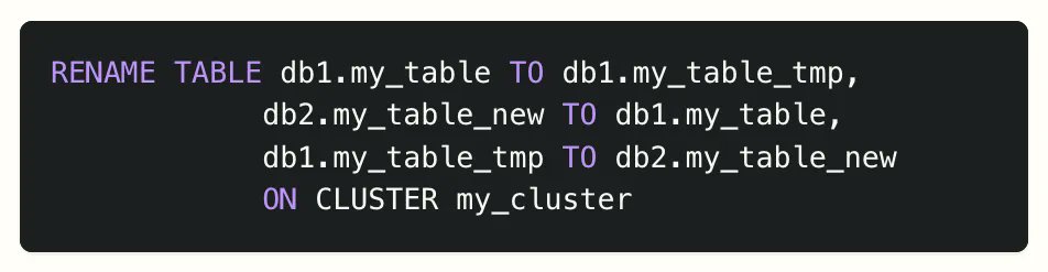 ClickHouseTips's tweet image. Tryna swap tables in ClickHouse?

Here&apos;s the right way to do it (Atomic and Ordinary): tinybird.co/clickhouse/kno…