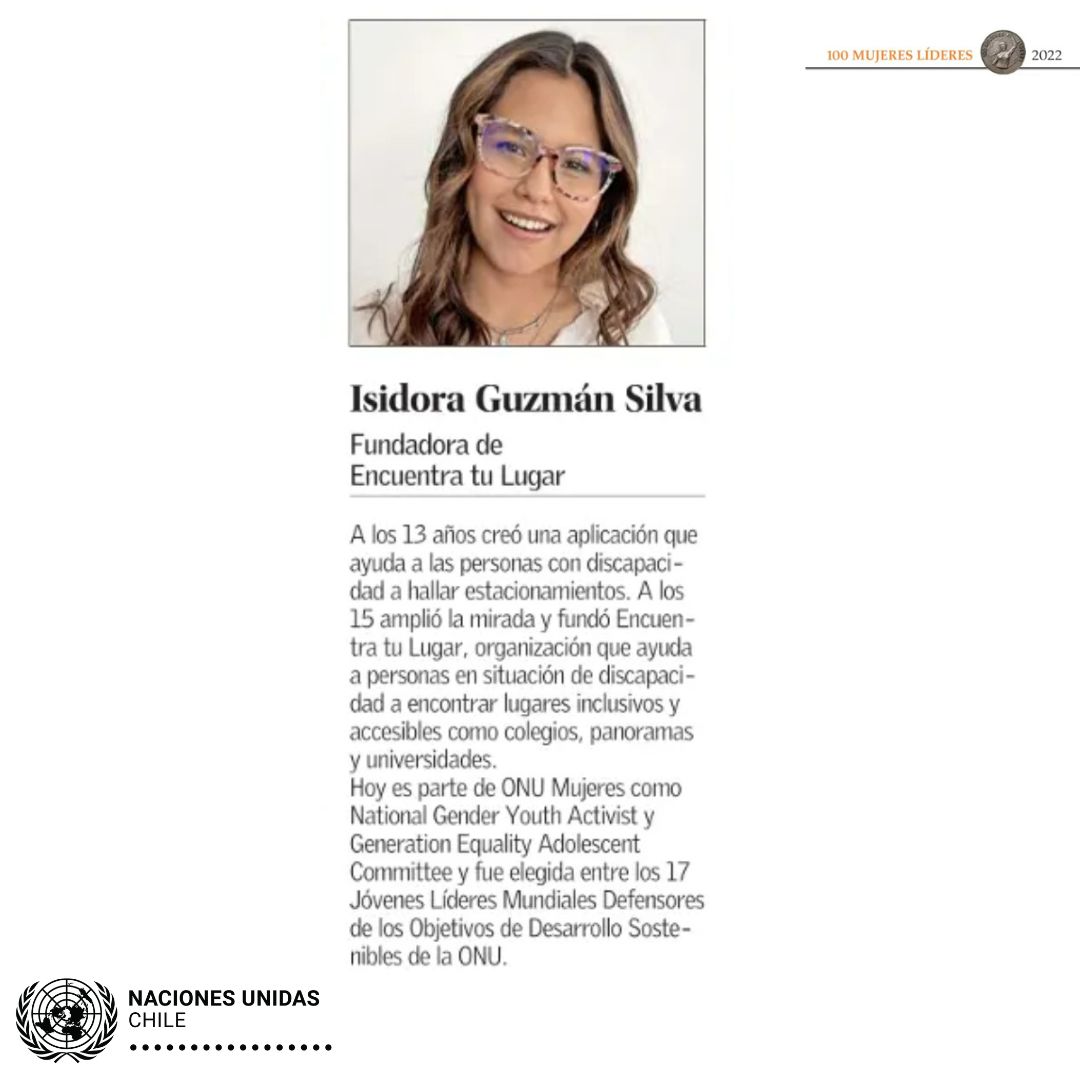 ONUChile's tweet photo. Felicitaciones a nuestras Defensoras #ODS Isidora Guzmán (@IsiAnto23)y Valentina Muñoz (@chica_rosadita) destacadas en #100MujeresLíderes2022 en la categoría Servicio Social, reconocimiento que entrega @MEmpresarias en colaboración con @ElMercurio_cl https://t.co/ivoB4a0rD5
