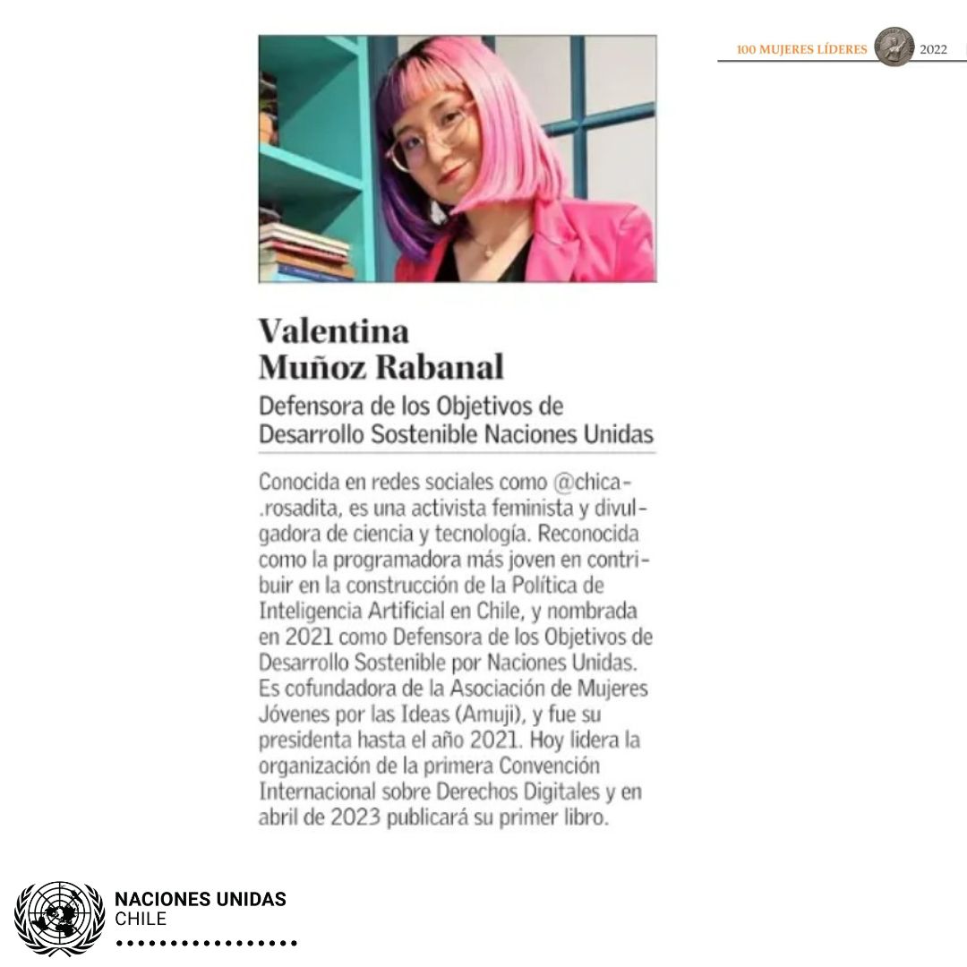 Felicitaciones a nuestras Defensoras #ODS Isidora Guzmán (<a href="/IsiAnto23/">Isidora ♿️💜</a>)y Valentina Muñoz (<a href="/chica_rosadita/">Valentina Muñoz Rabanal</a>) destacadas en #100MujeresLíderes2022 en la categoría Servicio Social, reconocimiento que entrega <a href="/MEmpresarias/">Mujeres Empresarias</a> en colaboración con @ElMercurio_cl