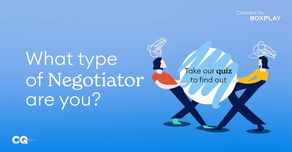 Want to get what you want without having to fight for it?

Want to learn how to leverage and improve your natural inclinations in a negotiation setting?

Take our quiz and discover your negotiation type:
boxplay.io/cq/negotiation…

#negotation #negotationtype #communication #CQ