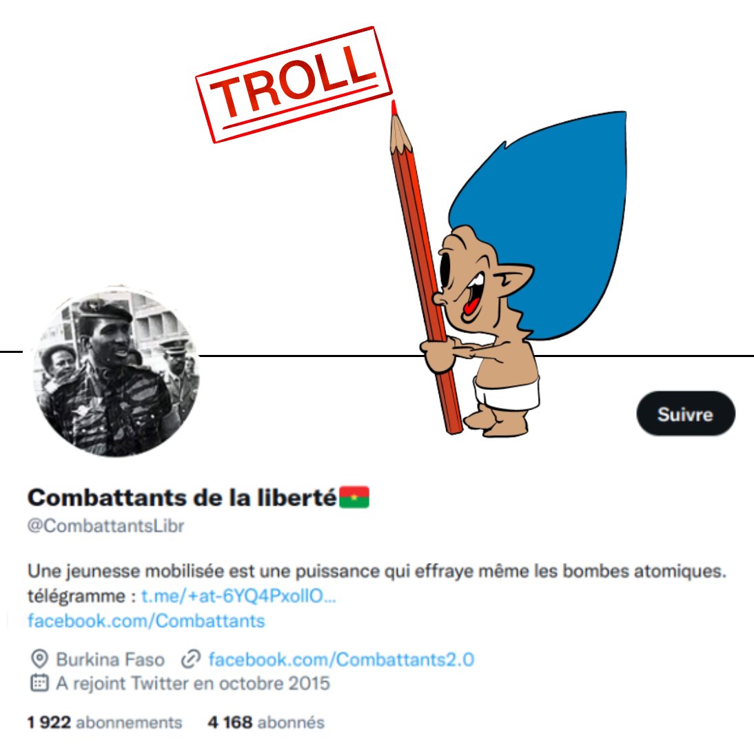 Trolls_HunTR_2's tweet photo. Le troll, cette espèce qui veut la liberté mais qui vend son âme au diable pour des sardines...

#africa #BurkinaFaso #Mali #Wagner #troll #Osint #Meme #TrollHuntingClub #THC #AfricanTrollHuntingCrew https://t.co/p5VrWRLTEv