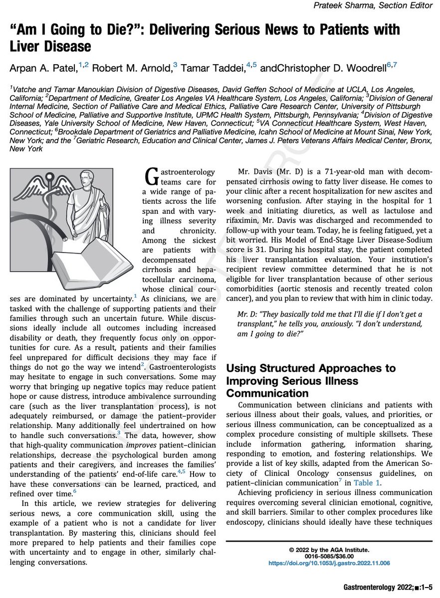 The way we communicate SERIOUS NEWS to patients can impact their quality of life.

I recommend reading this fantastic article in <a href="/AGA_Gastro/">Gastroenterology</a>. Thanks for the guidance !

bit.ly/3VkgAex #MedTwitter #livertwitter <a href="/AmerGastroAssn/">American Gastroenterological Association (AGA)</a>