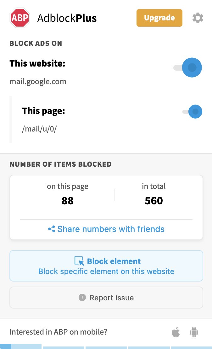 .<a href="/Adblock/">Adblock Plus</a> blocked 88 ad trackers on my Gmail page. #privacy #firefox #GDPR #data #consumerprivacy #datatransparency