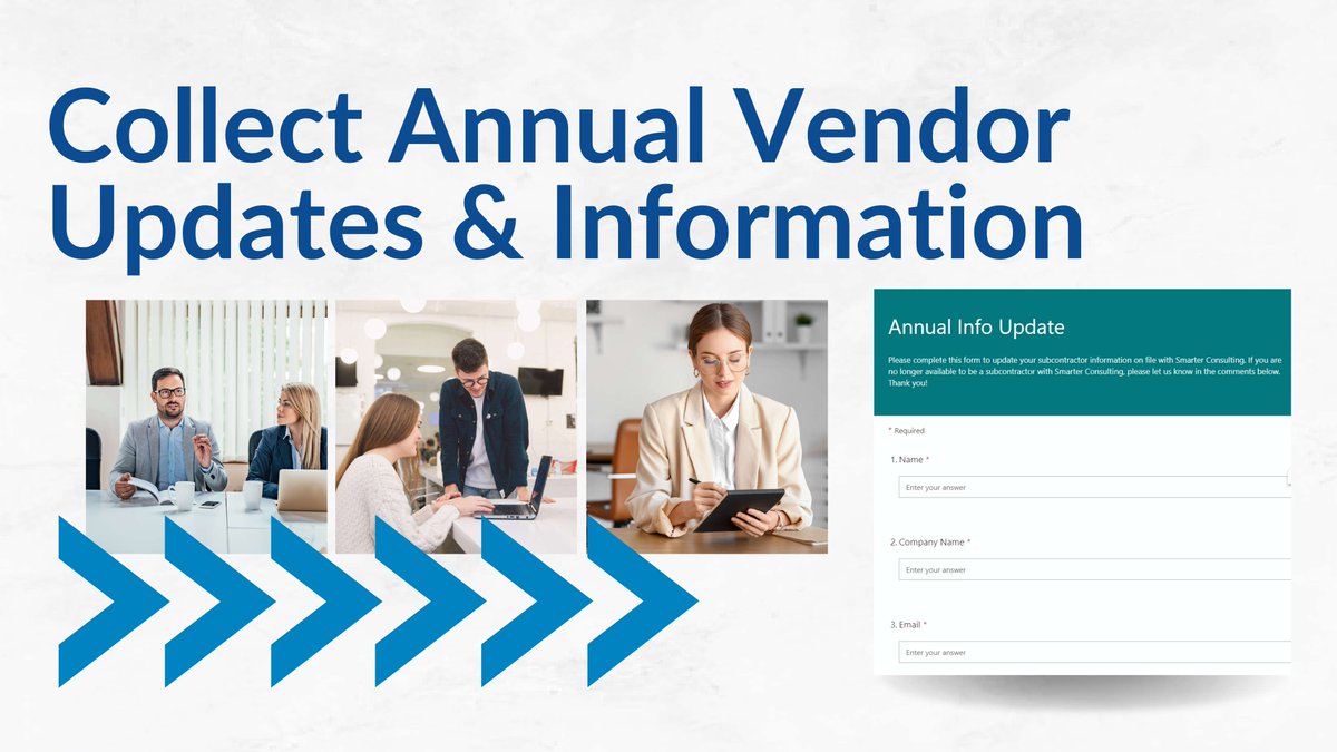 SmarterConsult1's tweet image. We recently created a system for updating vendor information utilizing #SharePoint List, #MicrosoftForm + #PowerAutomate to gather annual updates automatically and keep an up-to-date list of available vendors. Let us help you by tailoring a #VendorManagement system to your needs!