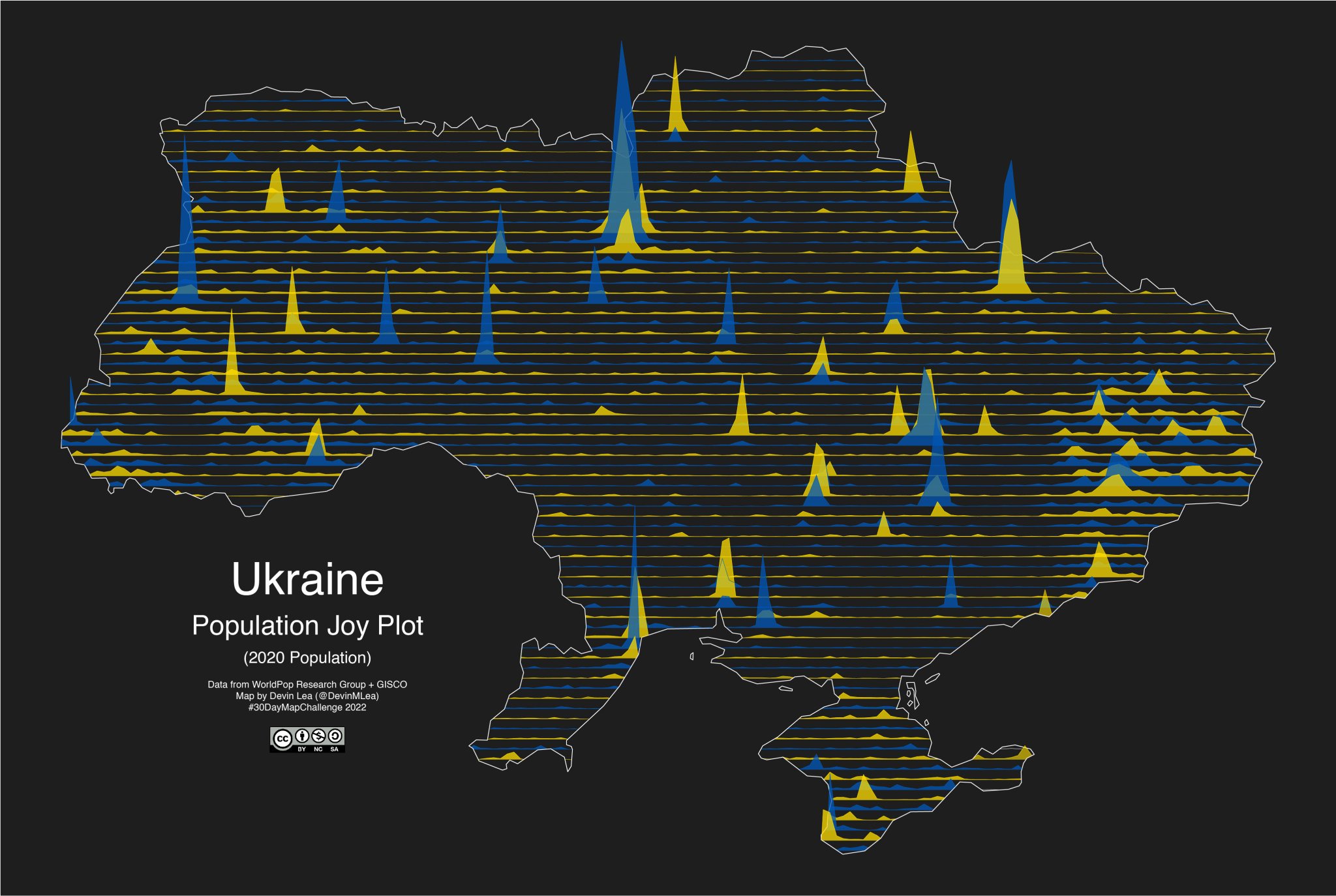 Map of Ukraine where horizontal lines across the country are vertically exaggerated based on the proportion of population in the area. Population is based on 2020 data. The lines have alternating blue and yellow fill, same colors as Ukraine flag.