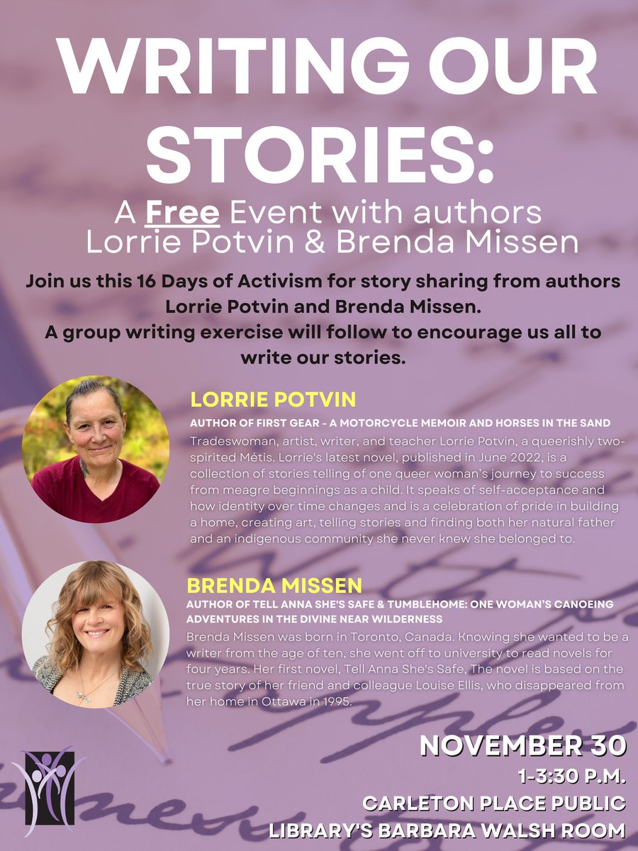 TODAY! #Authors #LorriePotvin ('Horses in the Sand') & #BrendaMissen ('Tell Anna She's Safe'): 'Writing Our Stories' event @ #CarletonPlace Public Library  1-3pmEST! lcih.org/event/writing-… #FemLitCan #FeministThought #16Days #CanLit  #16DaysOfActivismAgainstGenderBasedViolence