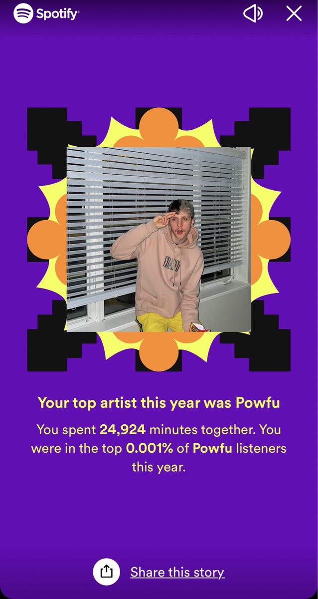 Thanks <a href="/Powfu/">Powfu</a> for spending 24,924 minutes with me in 2022. I couldn’t stop listening to ice heart. #SpotifyWrapped