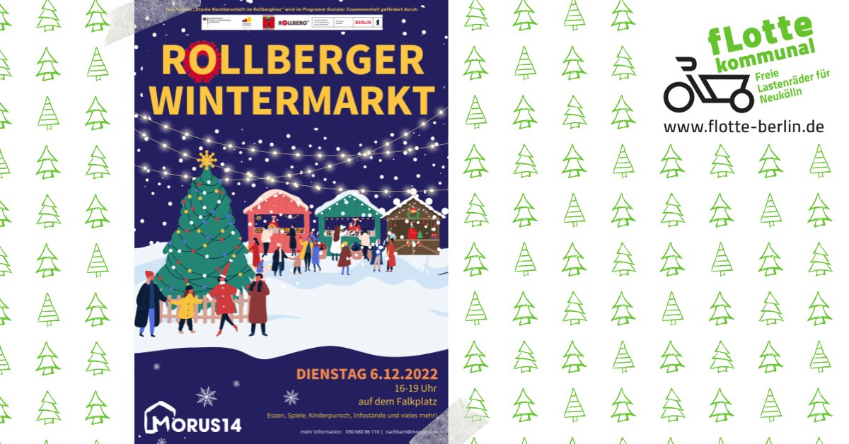 Am 6. Dezember findet auf dem Neuköllner Falkplatz der Rollberger Wintermarkt statt ❄️ Von 17-19 Uhr ist auch unsere junge fLotte Neukölln vor Ort und bietet auf dem Lastenrad-Tisch eine fLotte Geschenk-Bastelei an. Wir freuen uns auf dich!💚