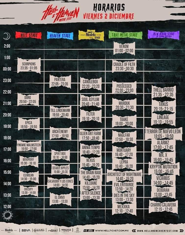 Metal Mexico (@metalmexico) on Twitter photo Que bandas irán a ver en el <a href="/HHOpenAir/">Hell And Heaven Open Air</a> ? 👀😱 Aqui los horarios y no olviden llegar temprano a apoyar a sus bandas nacionales!!! 🇲🇽 #hhopenair Que bandas irán a ver en el <a href="/HHOpenAir/">Hell And Heaven Open Air</a> ? 👀😱 Aqui los horarios y no olviden llegar temprano a apoyar a sus bandas nacionales!!! 🇲🇽 #hhopenair