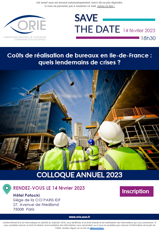 Mardi 14 février 2023 à 18h30, le colloque de l'ORIE aura pour thème : "Coûts de réalisation de bureaux en Ile-de-France : quels lendemains de crises ?" au 27 avenue de Friedland, 75008 Paris.
Pour s'inscrire : orie.asso.fr/inscription_ma…
Places limitées.
#Construction  #immobilier