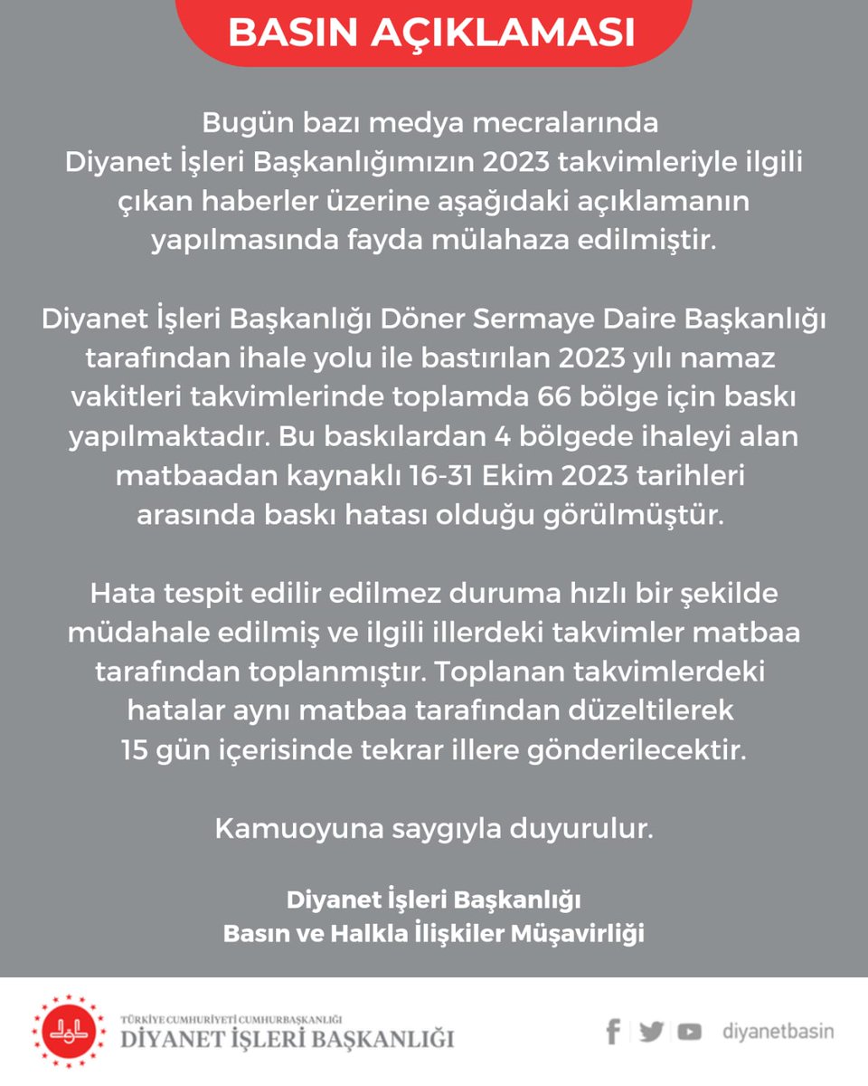 BASIN AÇIKLAMASI

Bugün bazı medya mecralarında Diyanet İşleri Başkanlığımızın 2023 takvimleriyle ilgili çıkan haberler üzerine aşağıdaki açıklamanın yapılmasında fayda mülahaza edilmiştir.
diyanet.gov.tr/tr-TR/Kurumsal…