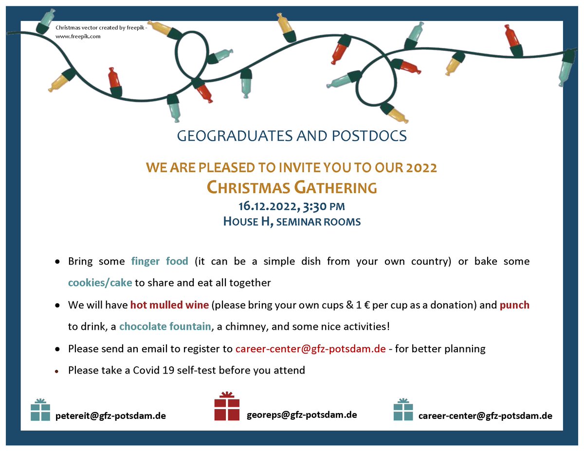 CareerGfz's tweet photo. Come to our Christmas Gathering 2022 for PhDs &amp; Postdocs! We will have a nice chocolate fountain with some fruits to dip in, and a chimney + a tasty mulled wine and punch. Please bring some nice food to share. We are looking forward to enjoying a warm time together! @GFZ_Potsdam https://t.co/lZo3Uj1kDy