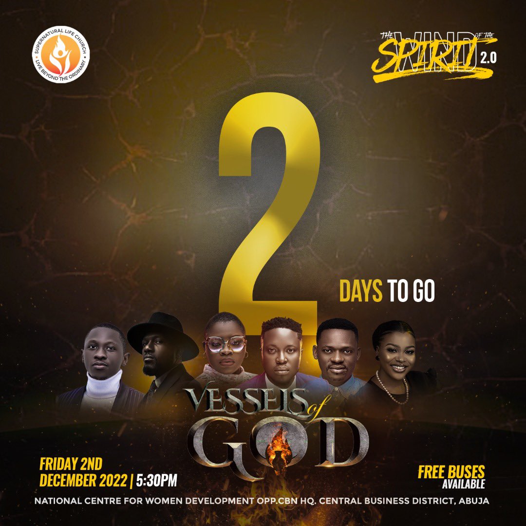 slchurchng's tweet photo. 2 DAYS TO GO🎉
You don’t want to miss this!
Don’t worry about transportation, Jesus has paid it all.
Invite everyone to come with you.
#theSLCexperience
#WindOfTheSpirit2
#VesselsOfGod
#SLConference
#theSupernaturalBreed
#SLCAbuja https://t.co/hl6SYV8ftN