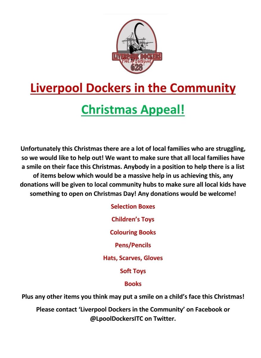 LpoolDockersITC's tweet photo. Liverpool Dockers Christmas Appeal! ✊️ https://t.co/5bmrvw8paU
