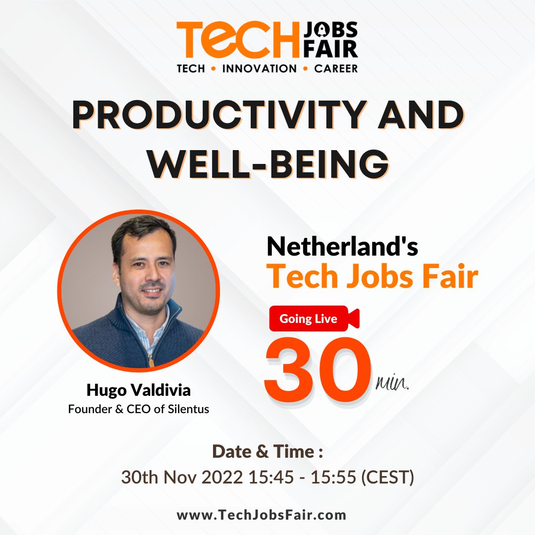 techjobsfair's tweet photo. @HvgoALonso, Founder &amp; CEO of Silentus, will be joining us at 15:45 at the Netherland's Virtual Tech Jobs Fair to talk about productivity and well-being.

Join him from here 👉 https://t.co/zIQcINi650

#TJF #techjobsfair #techjobs #speakersession #netherlands #speakerlife https://t.co/IbjOzX9HUT