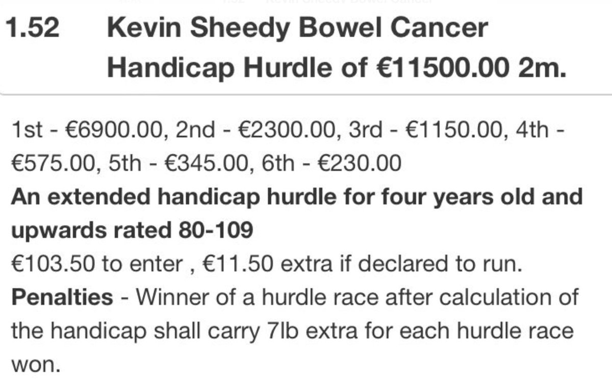 The days racing has been declared at our @fairyhouse charity event. A special mention to the race at 1.52 pm - Kevin Sheedy Bowel Cancer Handicap Hurdle - It'll be one to watch for sure! @IrishCancerSoc @irishracing