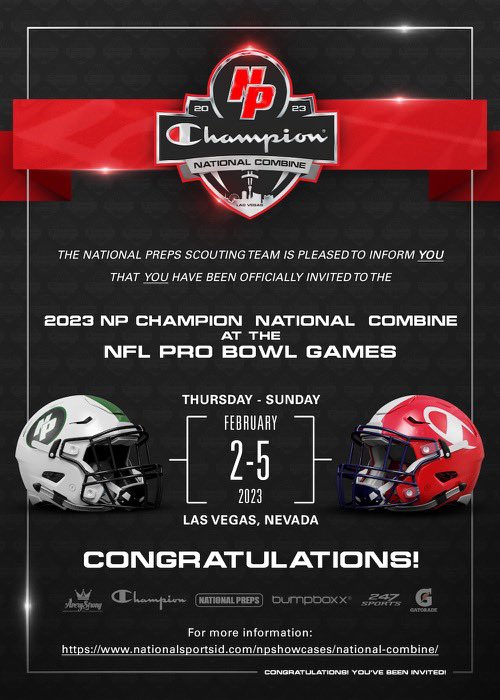 Blessed I have received an official invitation to the 2023 NP Champion National combine in Las Vegas. Thank you National prep for the opportunity! @GHoward_Scout @NPShowcases @TeeJayHS