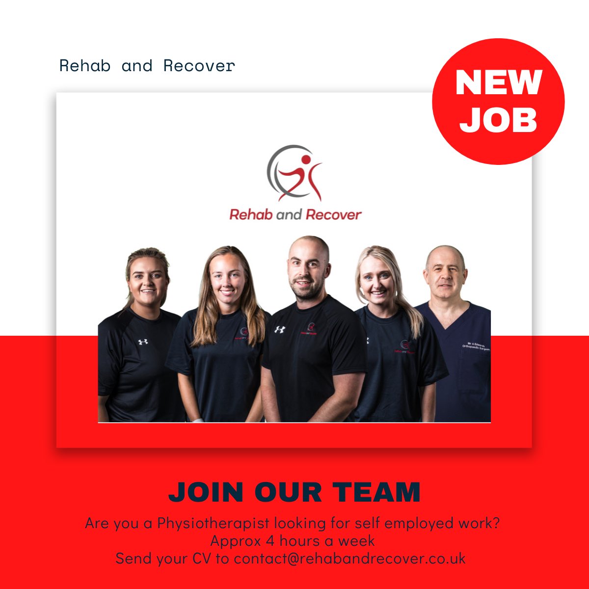 Chris John (@chrisjohnphysio) on Twitter photo Job opportunity!
Are you a Physio who is interested in self employed work? We are looking for someone that can commit to approx 4 hours a week
Closing date Jan 8th 2023
Send your CV & a covering letter to Chris (Director and Lead Physio) via email contact@rehabandrecover.co.uk Job opportunity!
Are you a Physio who is interested in self employed work? We are looking for someone that can commit to approx 4 hours a week
Closing date Jan 8th 2023
Send your CV & a covering letter to Chris (Director and Lead Physio) via email contact@rehabandrecover.co.uk